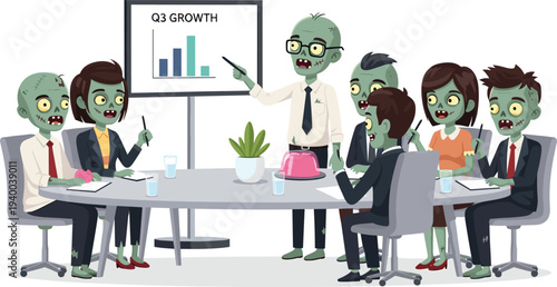 Cartoon zombies in corporate conference room business meeting with presentation board showing Q3 growth, humorous undead teamwork vector illustration concept