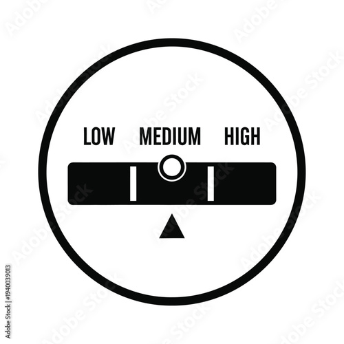 A black and white graphic depicts a circular gauge with settings for low medium and high levels indicated by a slider high quality professional