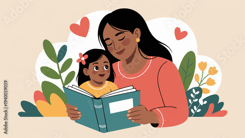 Warm and charming vector illustration of a mother reading a book to her little girl with hearts and flowers