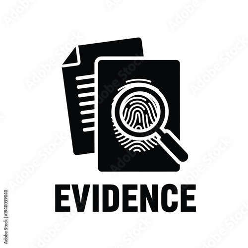 A black silhouette depicts documents with a fingerprint under a magnifying glass accompanied by the bold word evidence below high quality professional detailed modern