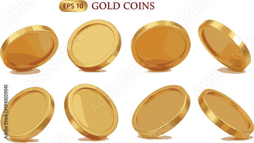 Gold Coin Vector Set in Different Angles Featuring Shiny Golden Tokens for Game Currency, Finance, Reward, and Treasure Design