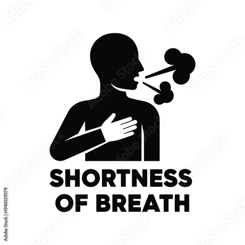 A stark black silhouette depicts a person experiencing shortness of breath hand on chest with exhaled puffs shown high quality professional detailed modern elegant