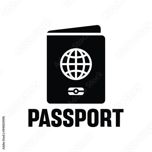A simplified black icon depicts a passport with a world globe centered on its cover alongside the text passport high quality professional detailed modern