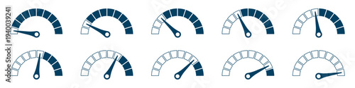 Speedometer icon set or Tachometer icon concept of dashboard, gauge, meter, speed, indicator, performance, dial, level, control, measurement Vector illustration