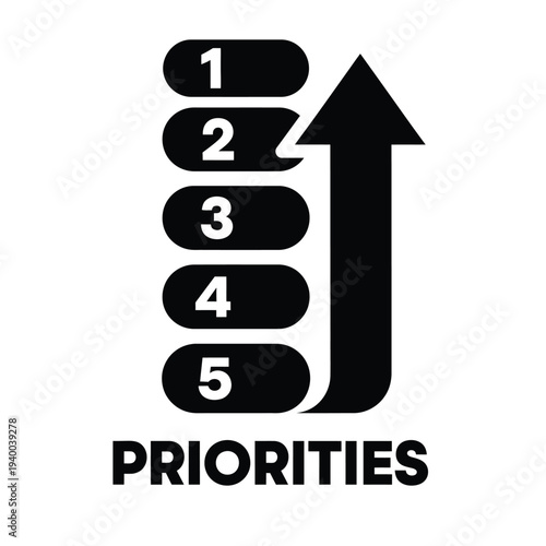 A simple graphic depicts a numbered list of five steps culminating in an upward pointing arrow with the text priorities below high quality professional detailed