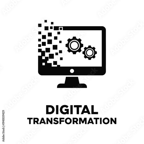 A black silhouette of a computer monitor displays dissolving pixels and gears symbolizing digital transformation concepts and technological processes high quality professional detailed modern