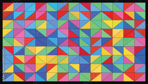 Stained glass-inspired mosaic art featuring vibrant geometric patterns with bold color blocking, symmetrical tessellation design, and dynamic visual rhythm