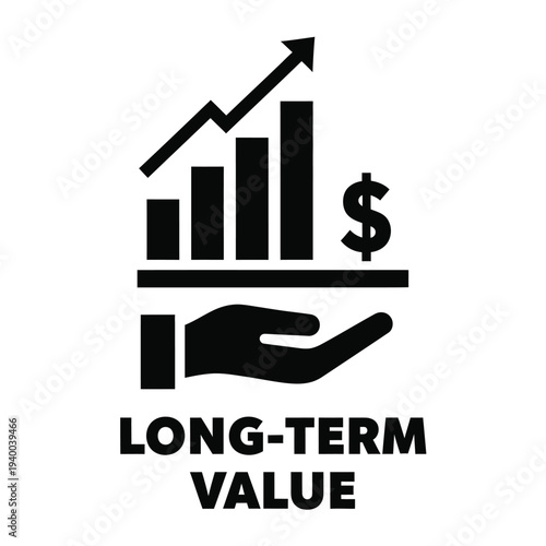 A graphic depicts a rising bar graph held within a hand alongside a dollar sign illustrating long term financial value high quality professional detailed modern