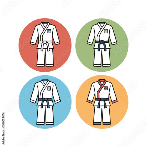 Four martial arts uniforms with different colored belts and accents karate