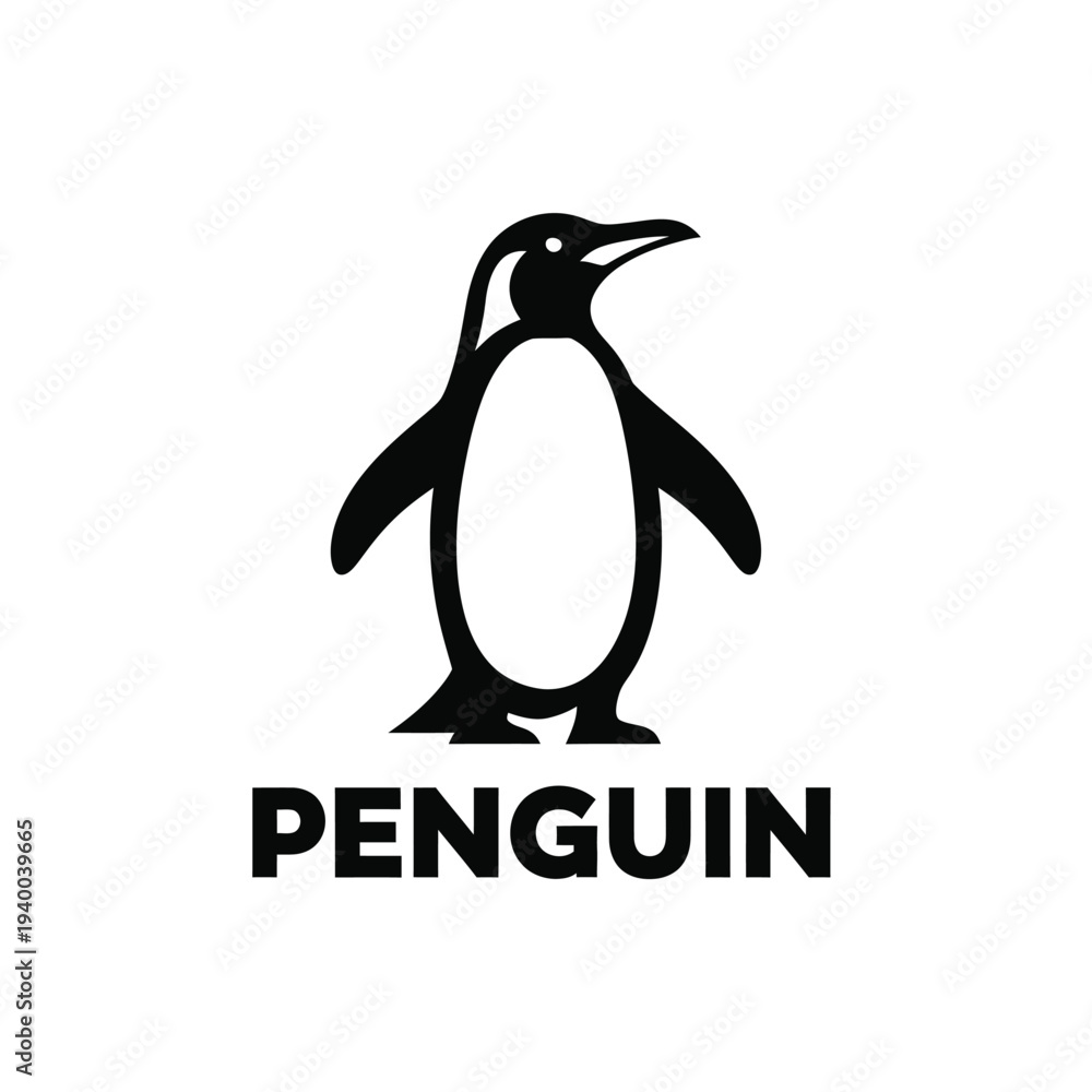 Obraz premium A minimalist black silhouette of a penguin stands prominently against a stark white background accompanied by the word penguin high quality professional detailed modern