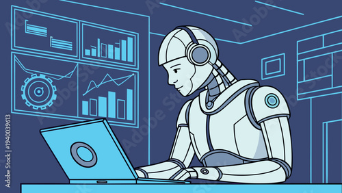 Artificial Intelligence Robot Illustration Set for Data Analysis, Research, and Future Technology