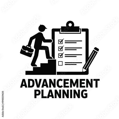 A silhouetted figure ascends stairs while carrying a briefcase alongside a clipboard with checked boxes and a pencil high quality professional detailed modern elegant