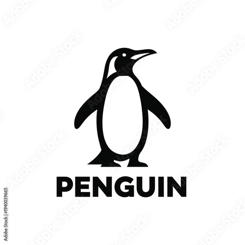 A minimalist black silhouette of a penguin stands prominently against a stark white background accompanied by the word penguin high quality professional detailed modern