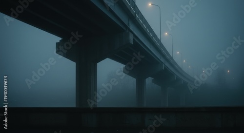 Foggy highway bridge landscape at dusk with misty atmosphere and elevated roadway