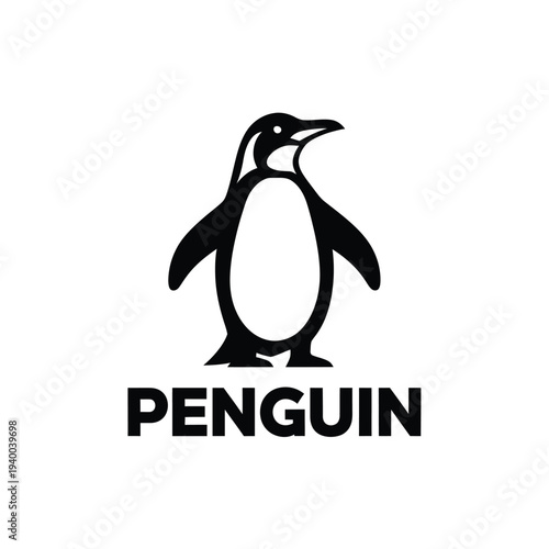 A minimalist black and white illustration depicts a charming penguin standing upright accompanied by its name below high quality professional detailed modern elegant stylish clean crisp