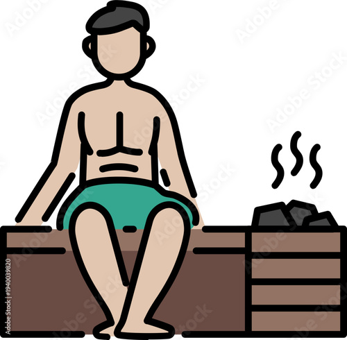 sauna room, bench, ladle, bucket, hot stone, heat, furnace, wood bench, steam, sauna, bathhouse, sweat bath, steam room, outline, line, icon, illustration
