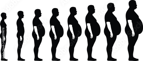 Human weight gain progression from slim to obese body shape, male obesity stages silhouette set isolated vector illustration