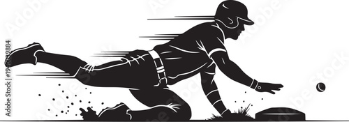 Baseball Catcher Diving for Ball in Black Silhouette Style