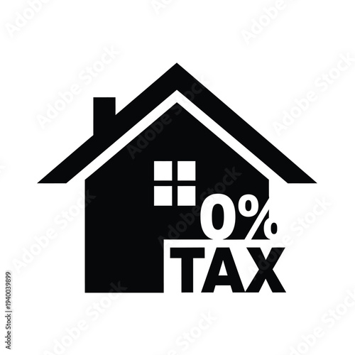 A simple black and white graphic depicts a house with a large percentage sign and the word tax overlaid high quality professional detailed modern