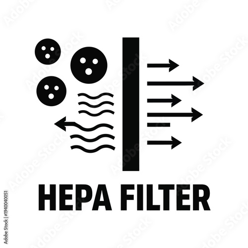 A black and white graphic depicts a hepa filter with airflow arrows and button like circular elements illustrating filtration high quality professional detailed modern elegant stylish clean
