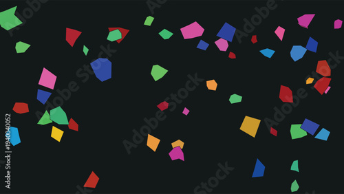 Stained Glass inspired abstract design with colorful geometric shapes scattered on a dark background, vibrant mosaic art style