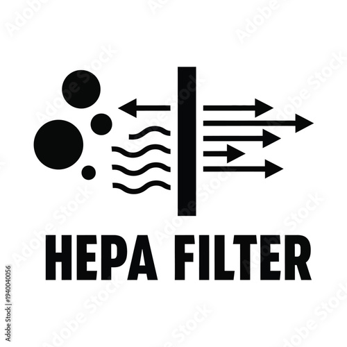 A black and white illustration depicts a hepa filter with particles being drawn in and clean air expelled labeled clearly high quality professional detailed modern elegant