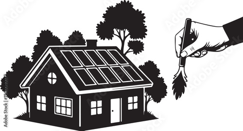 Eco Friendly Home with Solar Panels and Green Tree