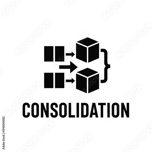 This graphic depicts a data consolidation process showing smaller blocks merging into a larger unified cube with accompanying arrows high quality professional detailed modern