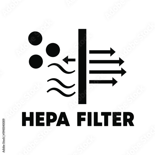 A simple black and white graphic displays a hepa filter with particles being drawn in and clean air expelled high quality professional detailed modern elegant stylish