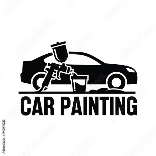 A black and white graphic depicts a spray gun painting the side of a car with the words car painting below high quality professional detailed modern