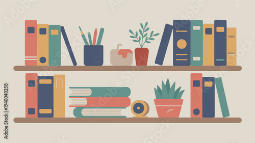 Flat vector illustration of office bookshelves with books plants and stationery in a modern workspace setting