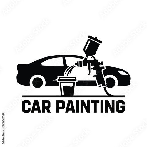 A striking black and white graphic depicts a car being spray painted showcasing the tools and process involved in automotive refinishing high quality professional detailed modern