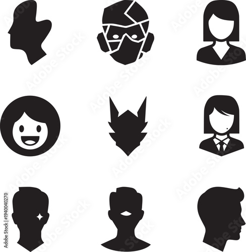 Vector illustration set of diverse people icons featuring cartoon man and woman avatar faces with black hair silhouettes and business profile outlines for modern person sign design.