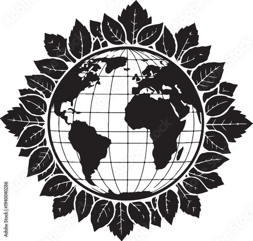 Black and white illustration of Earth with leafy border