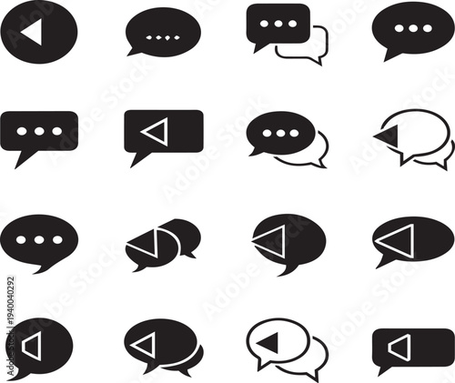 Set of black and white web icons featuring vector speech bubble symbols and communication design elements for business network messages and internet website signs.