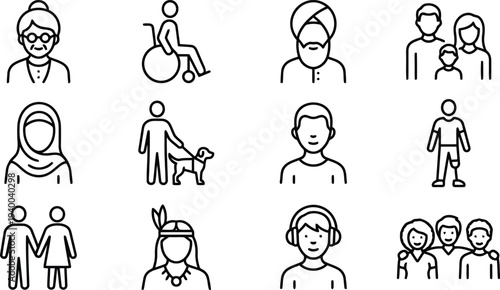 Collection of diverse people icons representing various ethnicities ages genders and abilities in a clean outline style