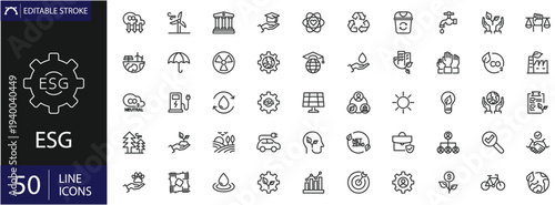 ESG icons set. Includes symbols of environmental sustainability, social responsibility, corporate governance, eco-friendly practices, ethical business, and community impact. Editable stroke.