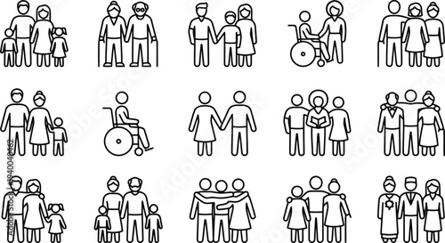 Collection of diverse family and group icon representations symbolizing unity and relationships