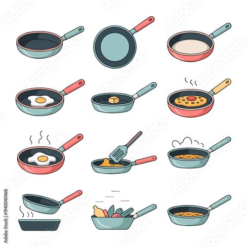 Frying Pan Set Vector Illustration of Minimalist Kitchenware Icons with Cooking Eggs and Vegetables