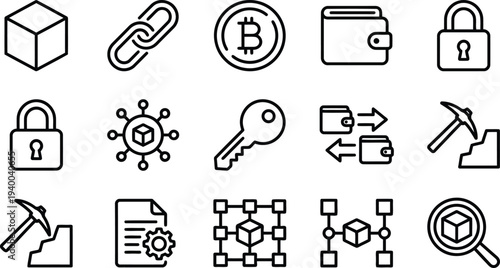 Collection of cryptocurrency and blockchain related icons isolated on transparent background
