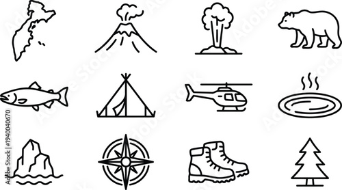 Collection of stylized iconographic representations of various outdoor adventure and travel elements isolated on a white background