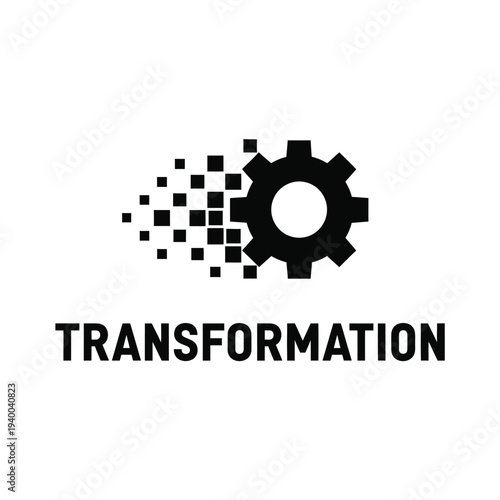 A black gear partially dissolving into pixelated squares above the word transformation representing digital change and evolution high quality professional detailed modern elegant stylish