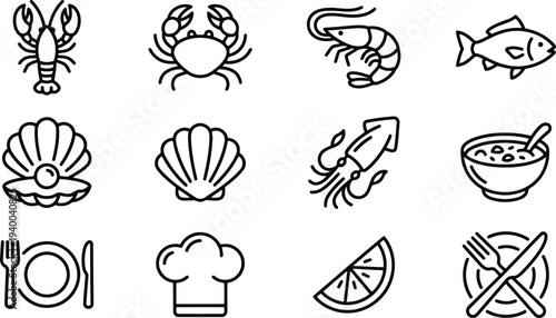 A collection of twelve clean outline icons representing various seafood items and dining elements for culinary themes
