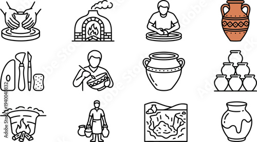 Collection of artistic pottery making and ceramic crafting process icons displayed in a grid layout