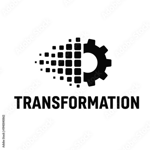 A striking black and white graphic depicts a gear partially disintegrating into pixelated squares representing technological transformation high quality professional detailed modern elegant stylish