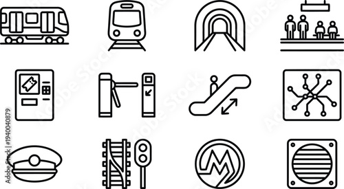 Collection of urban transportation and subway system line art icons depicting various elements for travel and commuting convenience