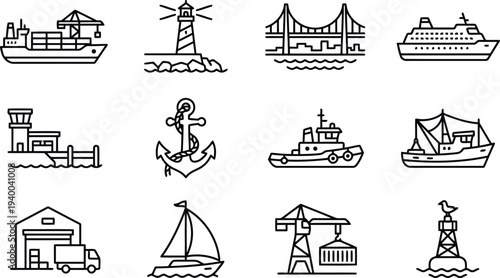 Collection of maritime and port related vector line art icons depicting various vessels and structures