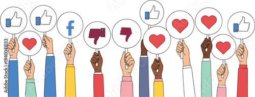 Social Media Reaction Vector Illustration Featuring Like, Love, Dislike Icons Held by Diverse Hands for Feedback and Online Engagement