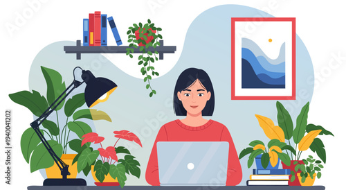Vector illustration of a young woman working on a laptop at a desk surrounded by lush green houseplants, showcasing a cozy and productive home office environment