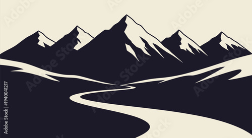 Stunning Mountain Landscape Vector Illustration Featuring a Winding River and Snow-Capped Peaks